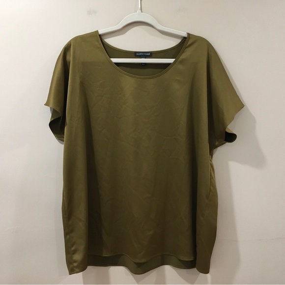 Eileen Fisher Top Boxy Womens Medium Scoop Neck Olive Green - Picture 1 of 4